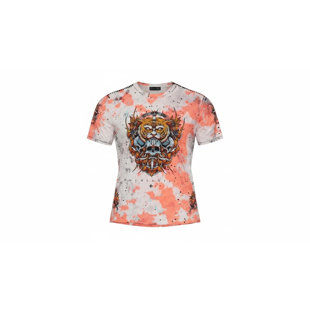LUCA T-Shirt Mens XL Orange Tie Dye Skull Tiger Graphic Studded